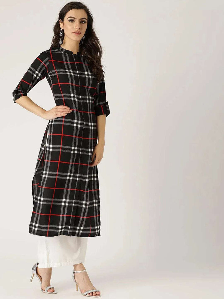 Black Checkered Crepe Kurta - Libas
