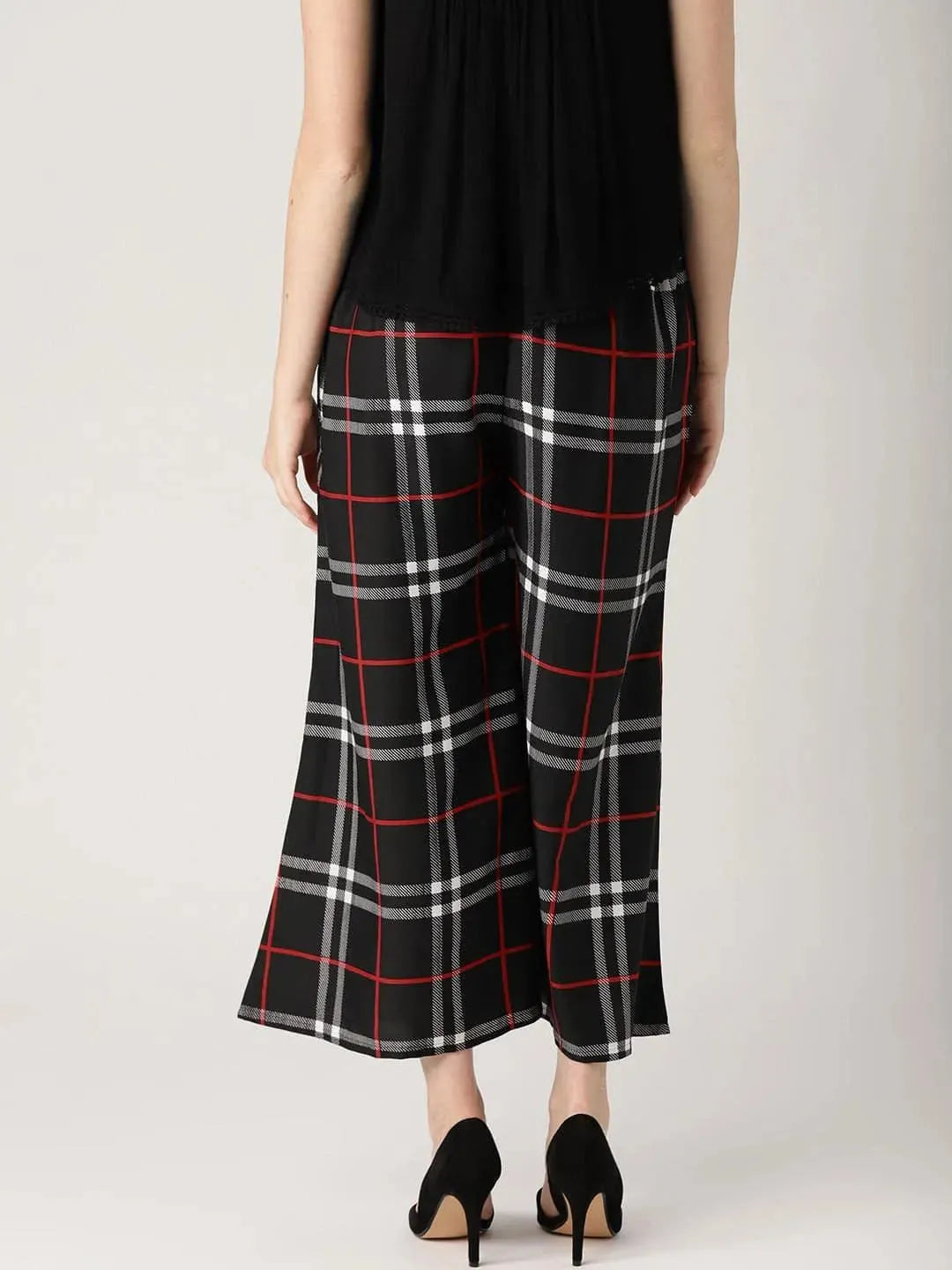 Black Checkered Crepe Palazzos - Libas 