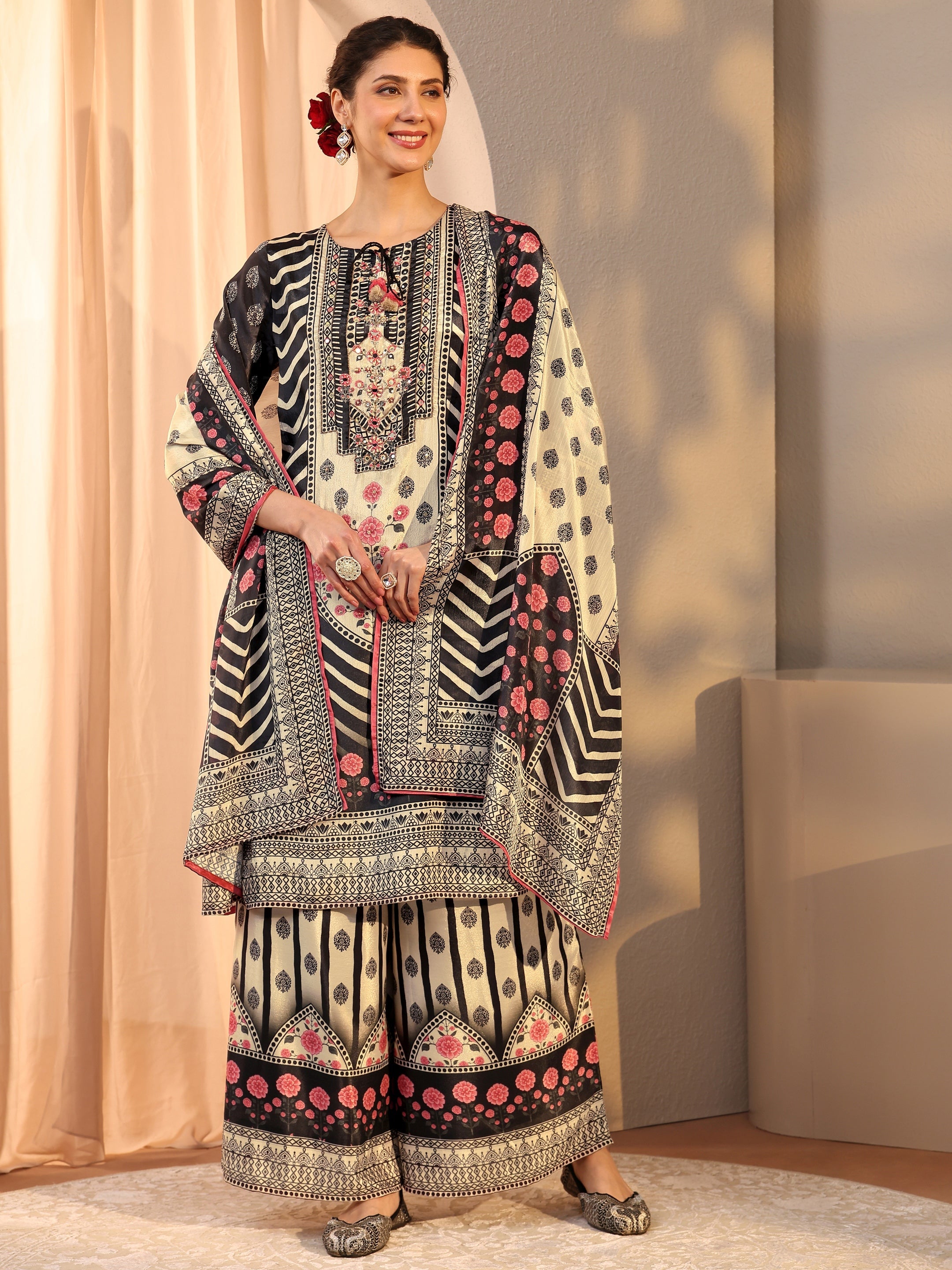 libas Black Chevron Printed Chinon Straight Suit Set With Dupatta-picture-50