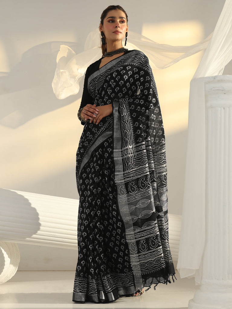 Libas Black Dabu Print Cotton Saree