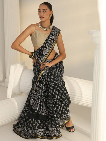 Black Dabu Print Cotton Saree