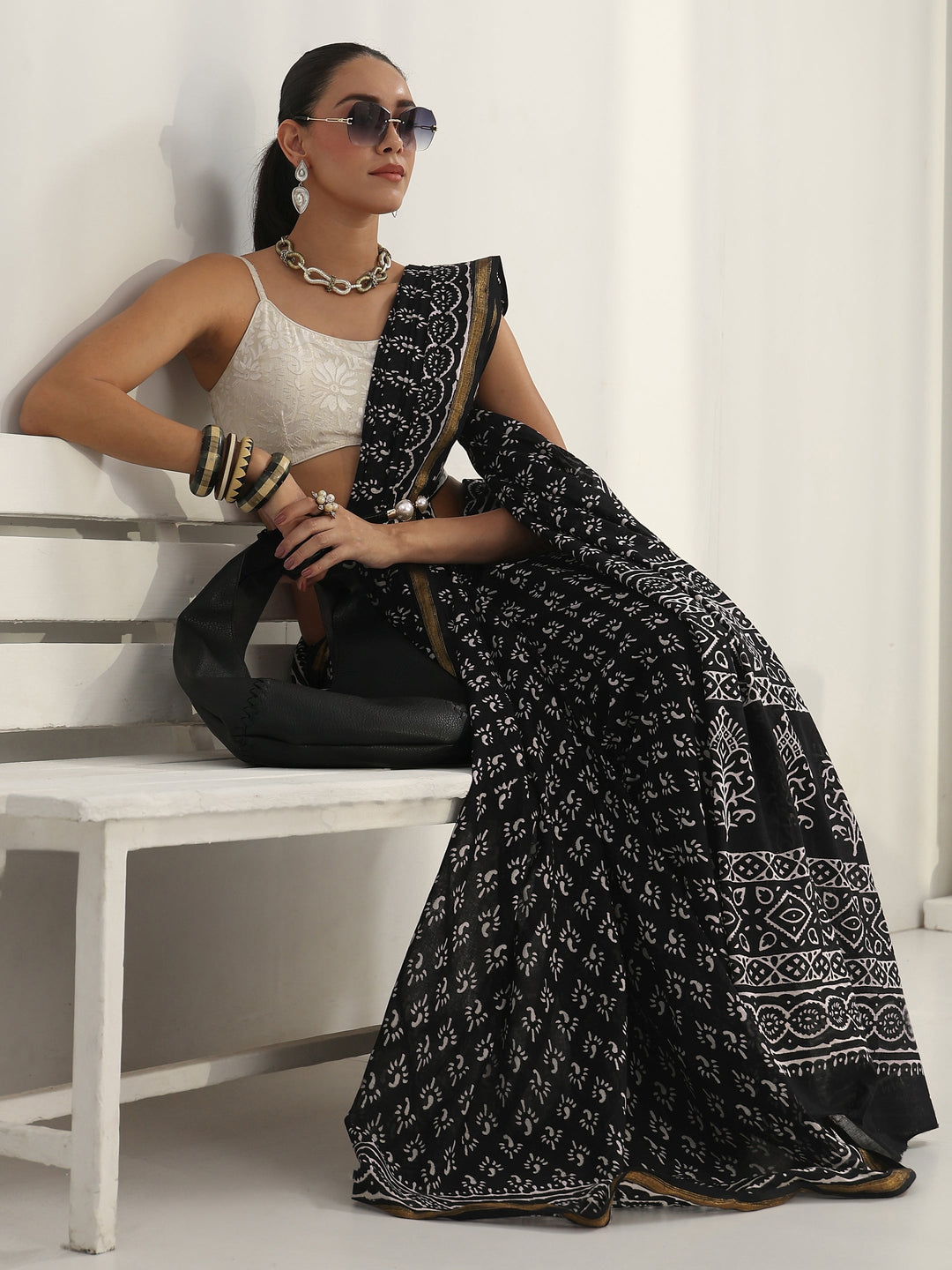  Black Dabu Print Cotton Saree 