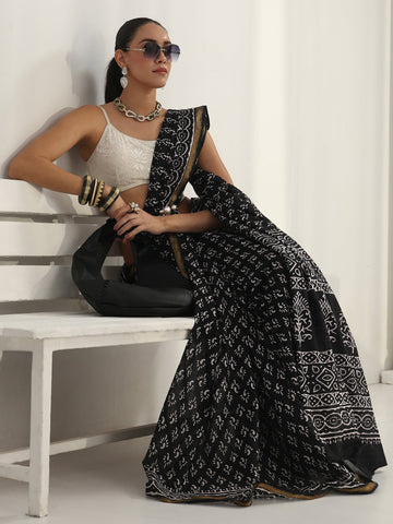 Black Dabu Print Cotton Saree