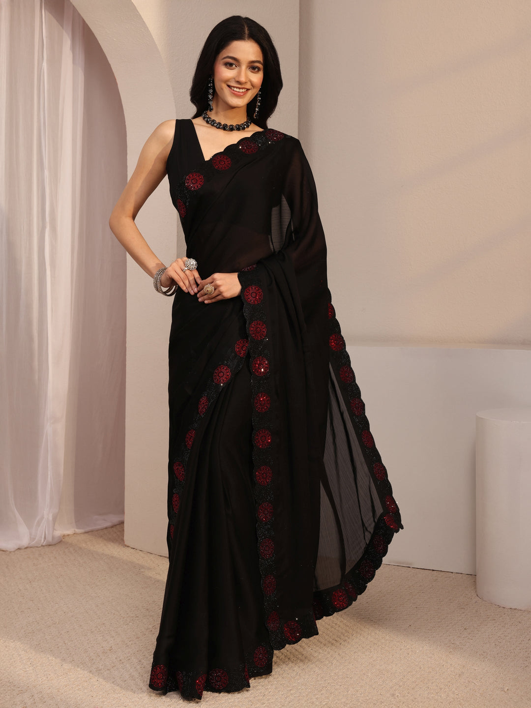  Black Embellished Chiffon Saree With Unstiched Blouse Piece 