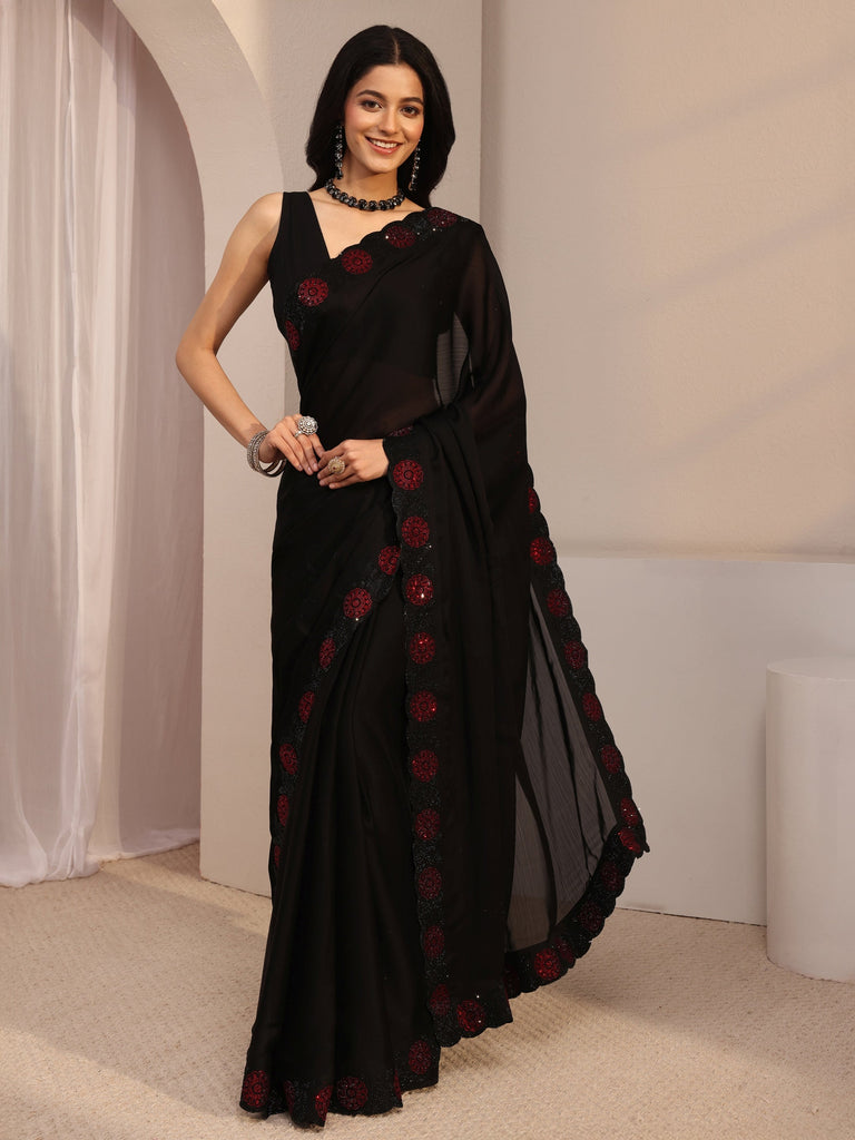 Libas Black Embellished Chiffon Saree With Unstiched Blouse Piece