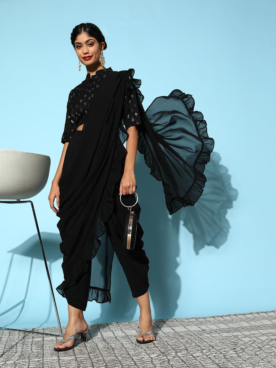 Black Embellished Georgette Dhoti Saree