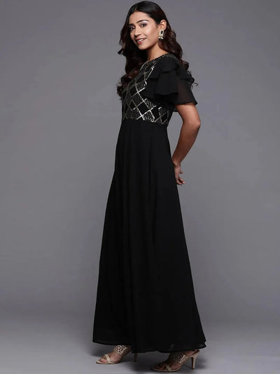 Black Embellished Georgette Fit and Flare Dress - Libas