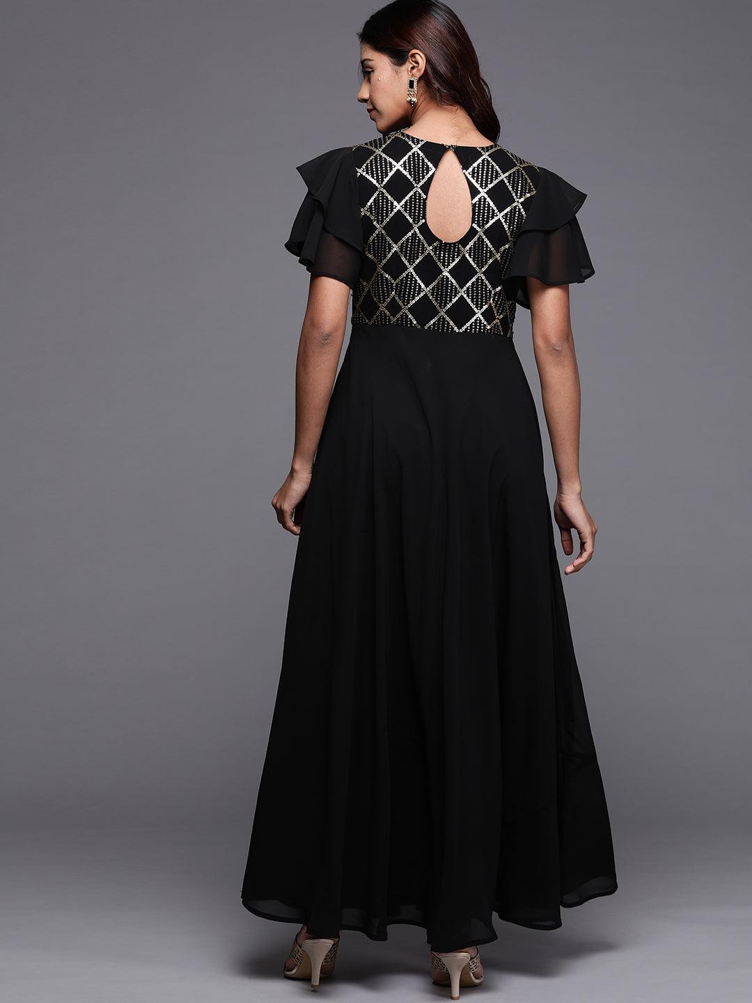 Black Embellished Georgette Fit and Flare Dress