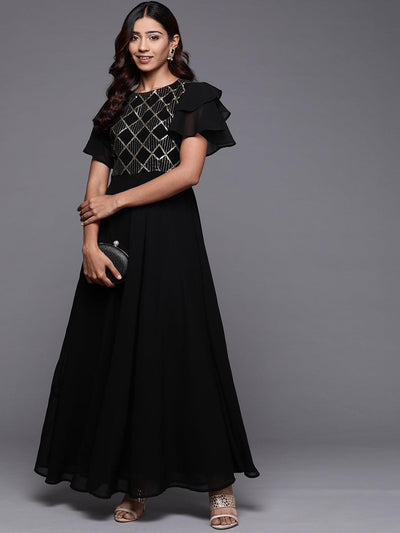 Black Embellished Georgette Fit and Flare Dress - Libas