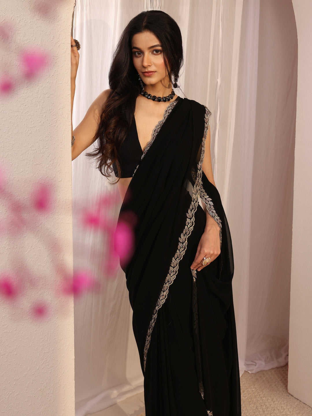 Black Embellished Georgette Saree With Unstiched Blouse Piece