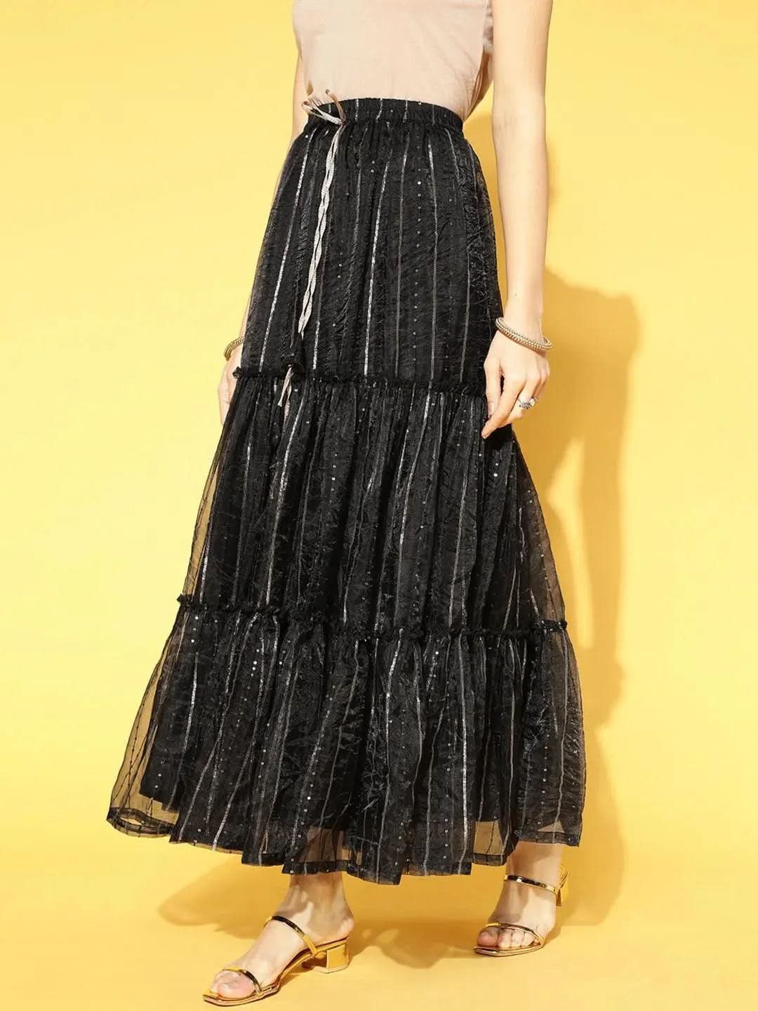 Black Embellished Polyester Skirt - Libas 