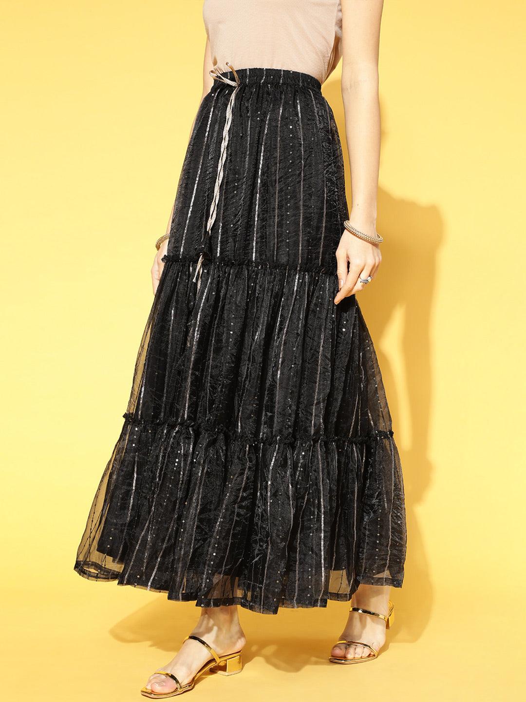 Black Embellished Polyester Skirt - Libas
