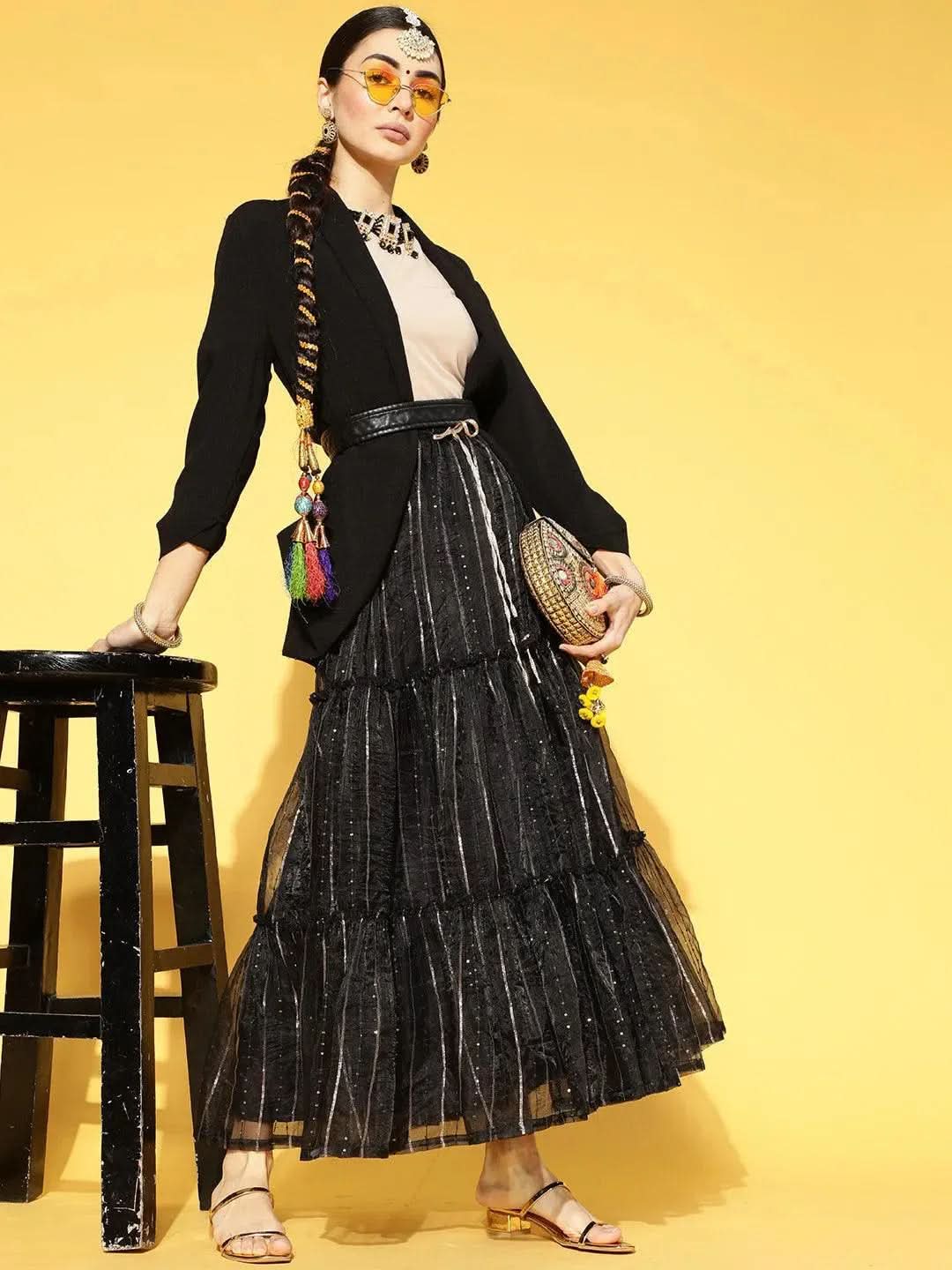Black Embellished Polyester Skirt - Libas 