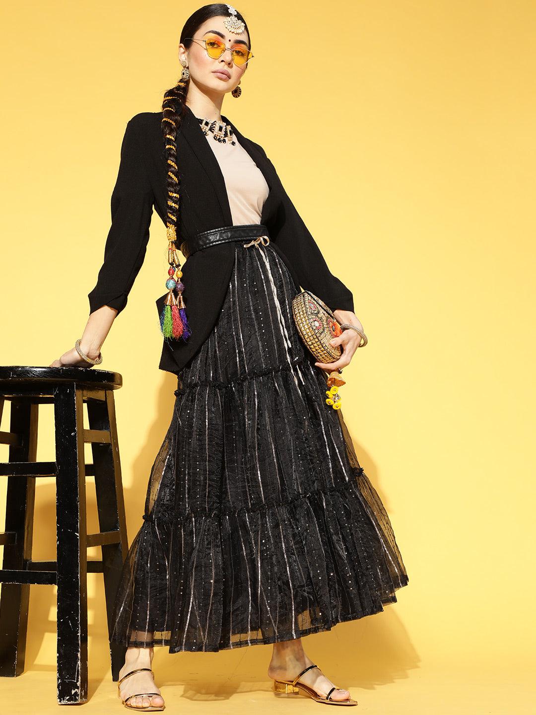 Black Embellished Polyester Skirt - Libas