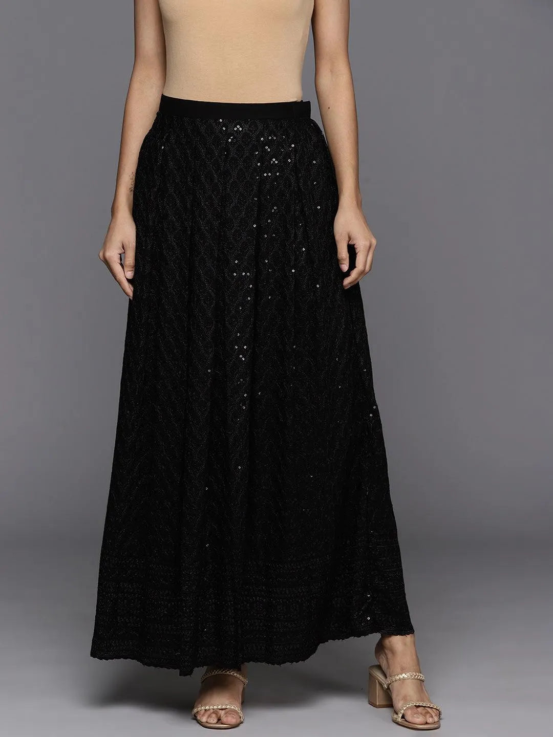 Black Embellished Rayon Skirts - Libas