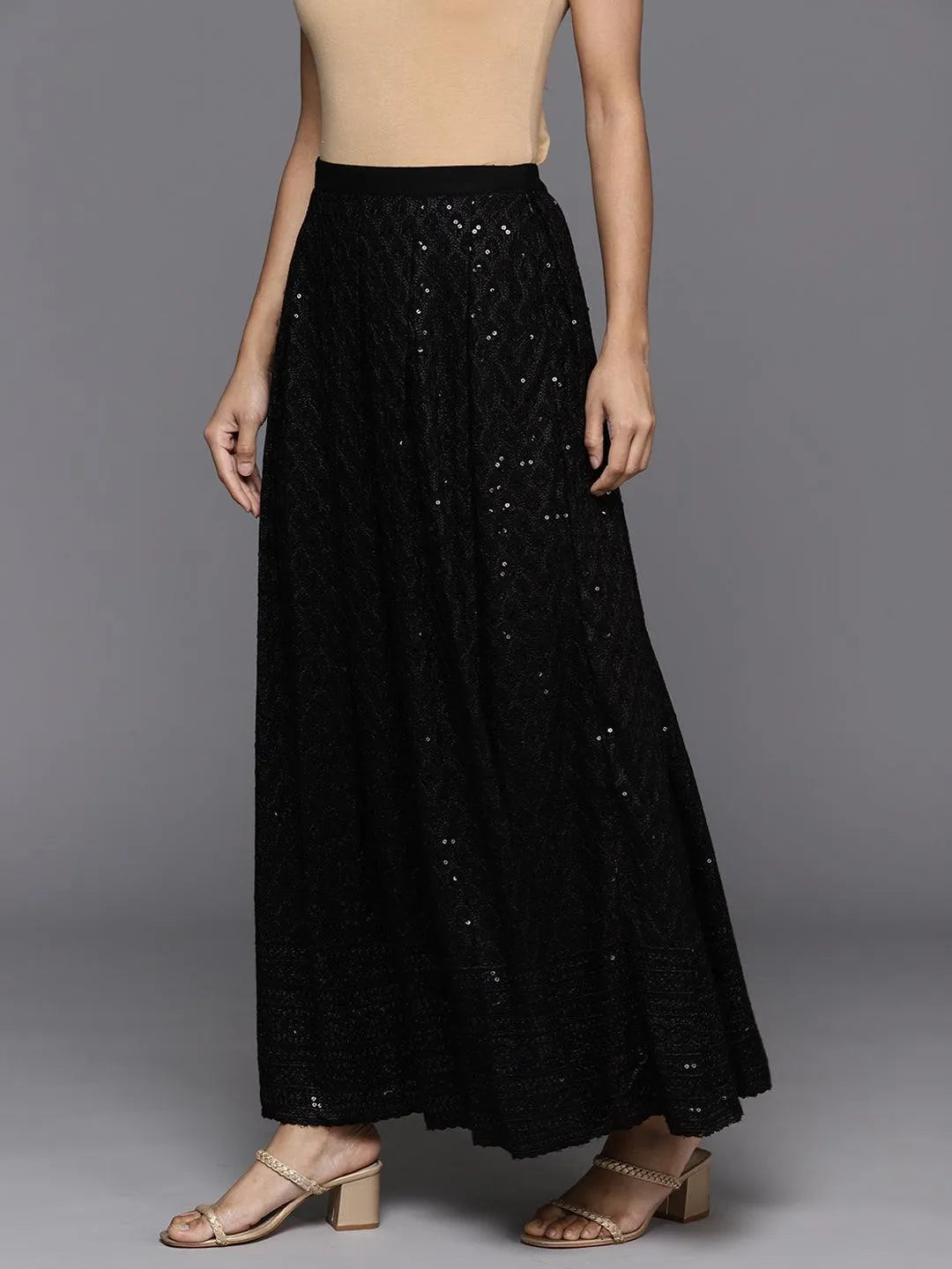 Black Embellished Rayon Skirts - Libas 