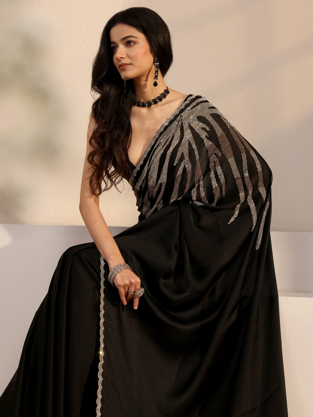 Black Embellished Satin Saree With Unstiched Blouse Piece