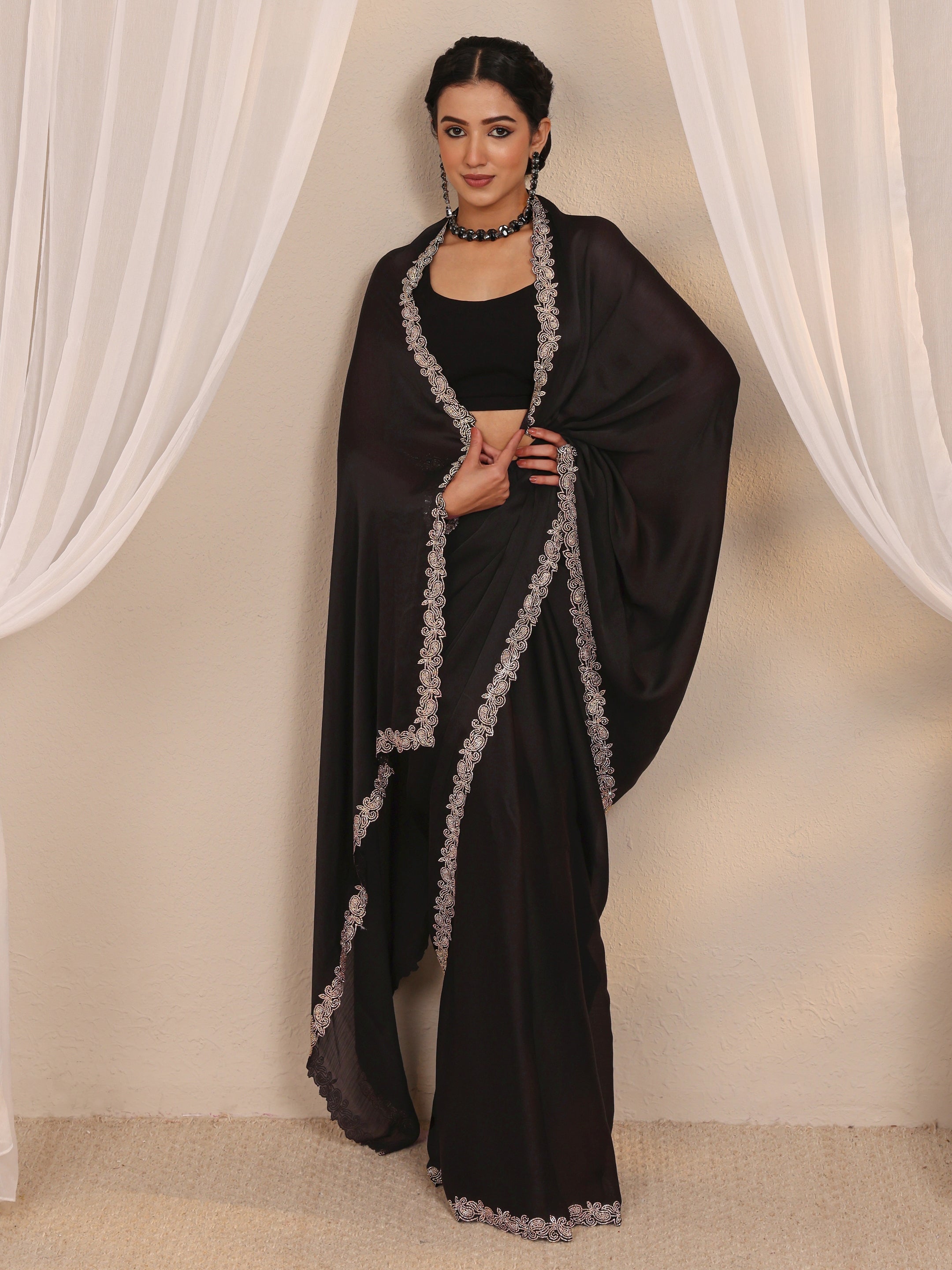 Black Embellished Satin Saree With Unstitched Blouse Piece-image-36
