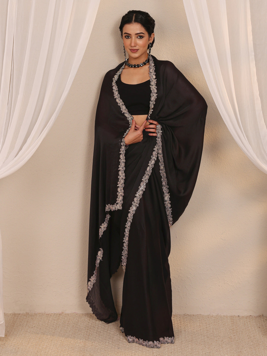 Black Embellished Satin Saree With Unstitched Blouse Piece