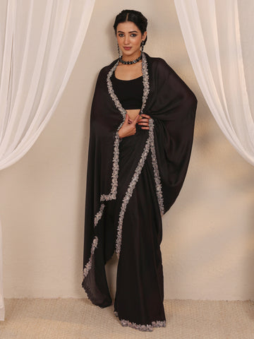 Black Embellished Satin Saree With Unstitched Blouse Piece