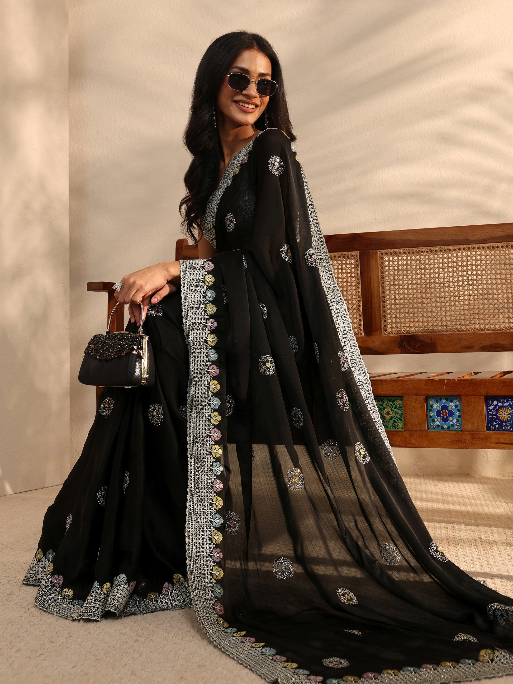 Black Embellished Satin Saree With Unstitched Blouse Piece-image-38