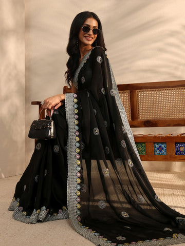 Black Embellished Satin Saree With Unstitched Blouse Piece