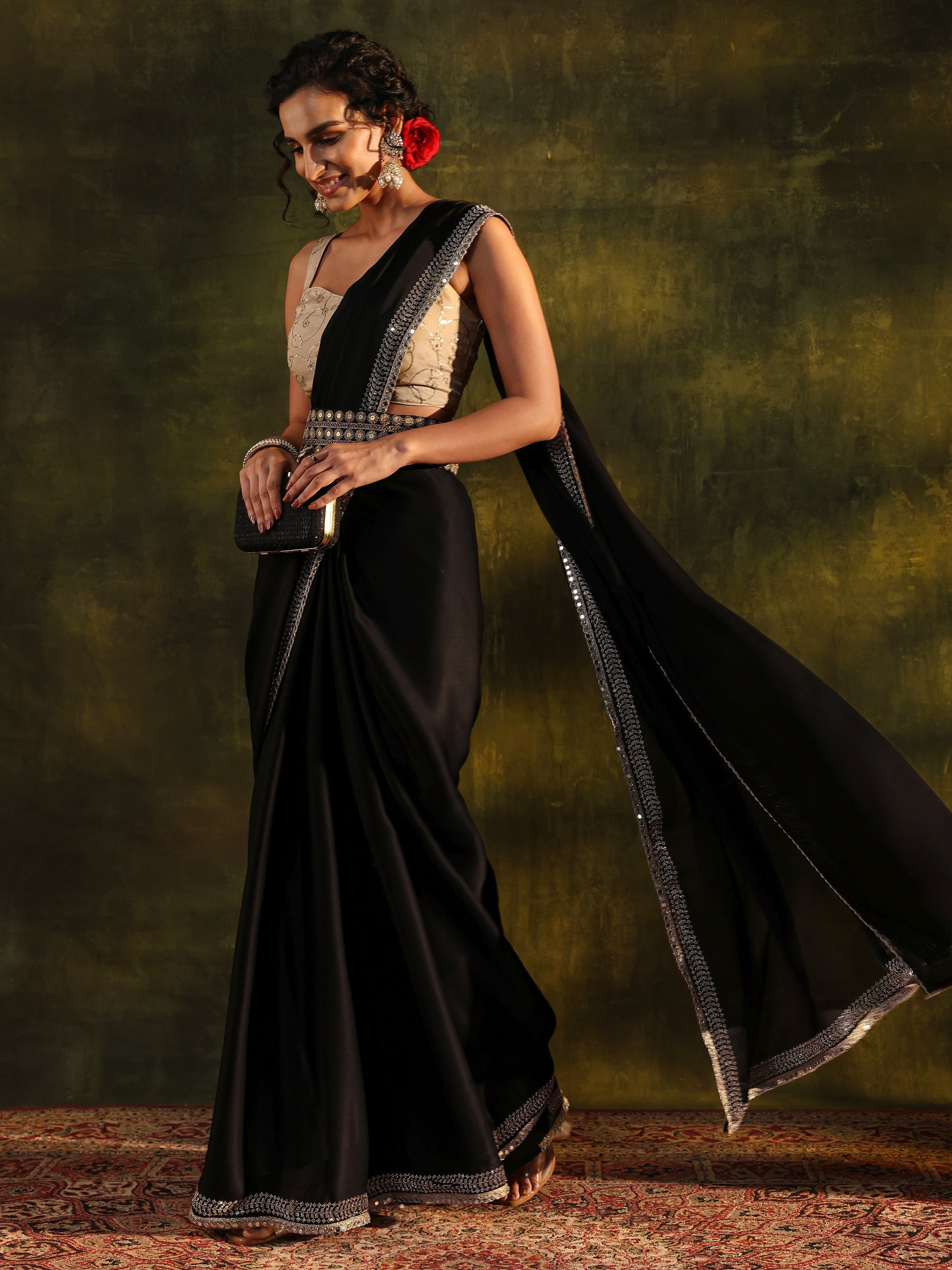Black Embellished Silk Blend Saree With Unstitched Blouse Piece-image-39