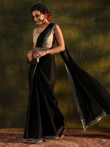 Black Embellished Silk Blend Saree With Unstitched Blouse Piece