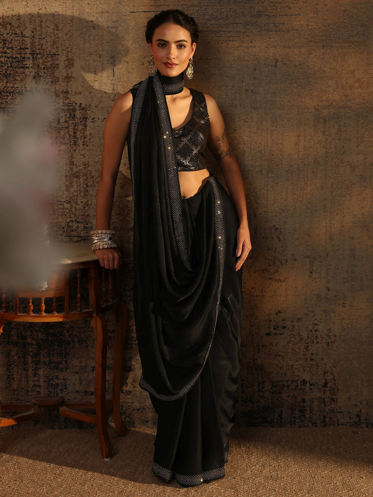 Libas Black Embellished Silk Blend Saree With Unstitched Blouse Piece