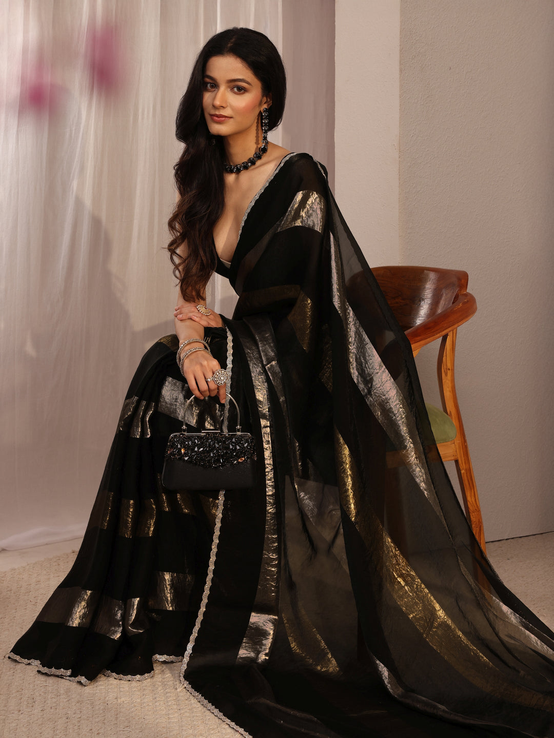  Libas Black Embellished Tissue Saree With Unstiched Blouse Piece 