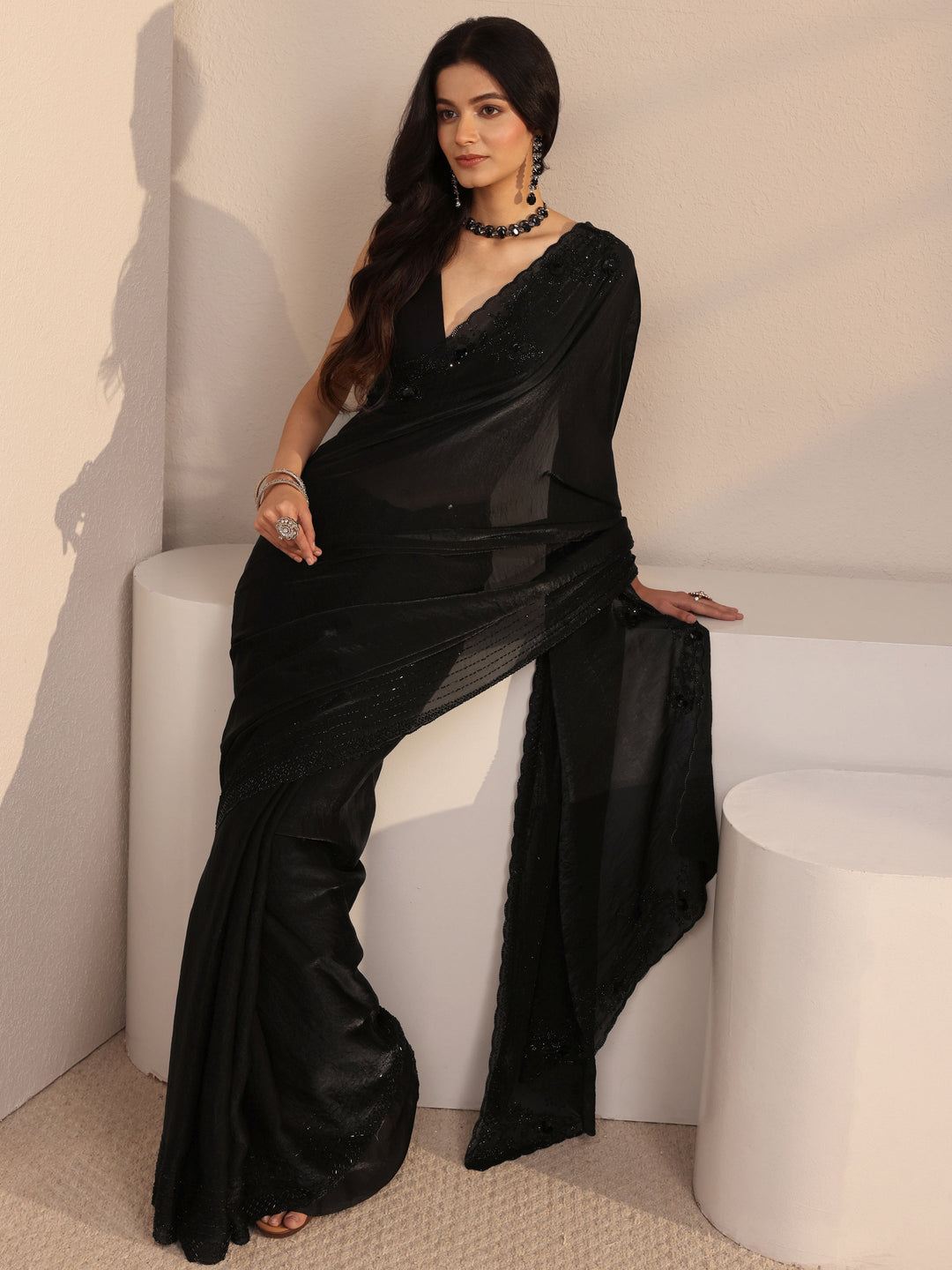 Black Embellished Tissue Saree With Unstiched Blouse Piece