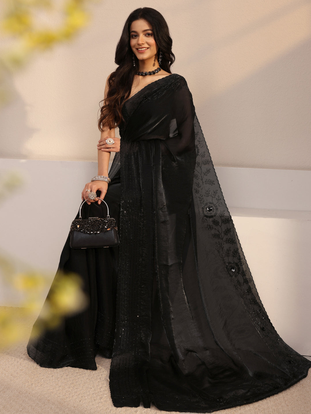 Black Embellished Tissue Saree With Unstiched Blouse Piece