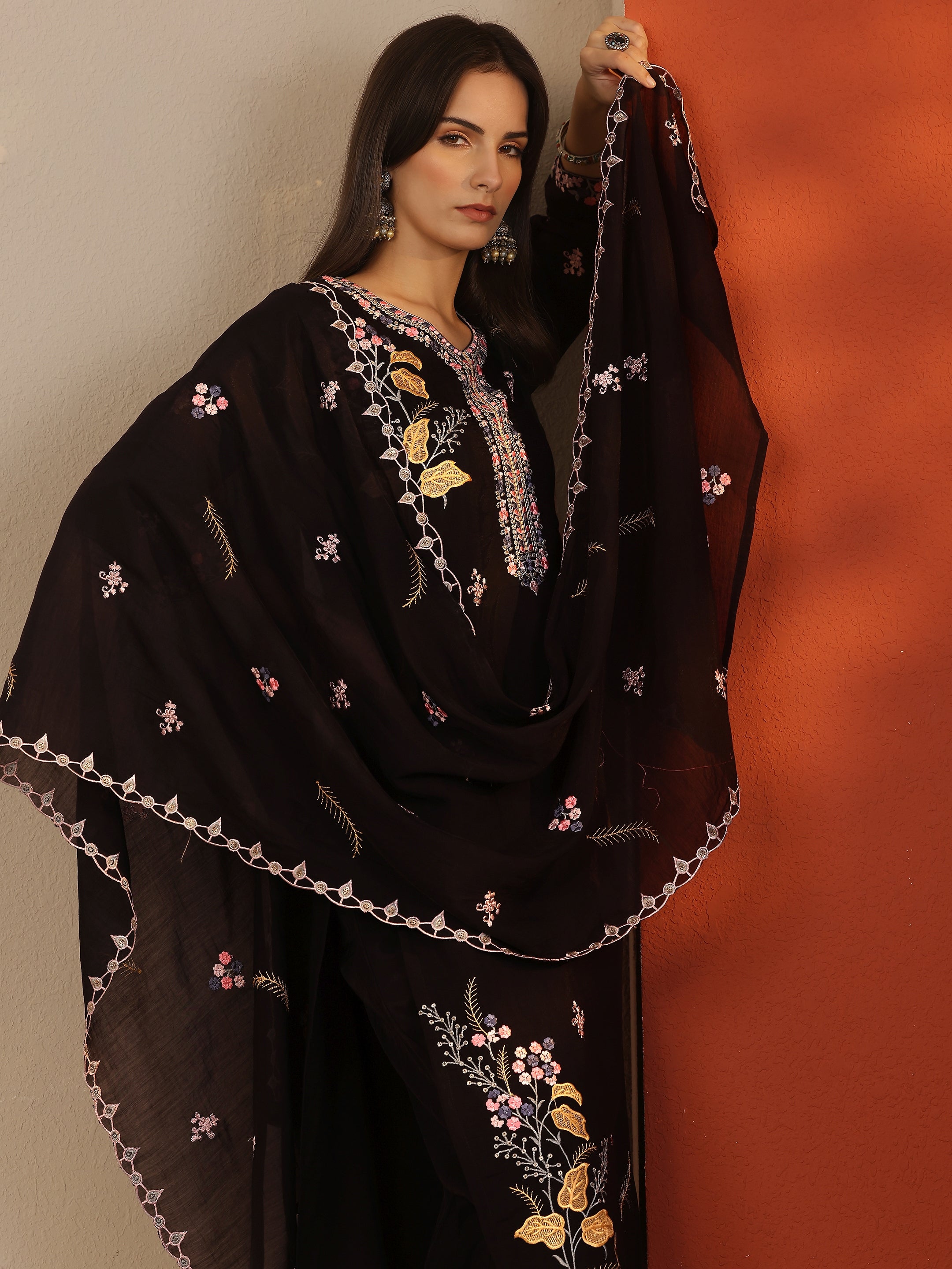 libas Black Embroidered Chanderi Cotton Straight Suit Set With Dupatta-picture-64