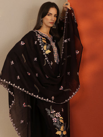Black Embroidered Chanderi Cotton Straight Suit Set With Dupatta
