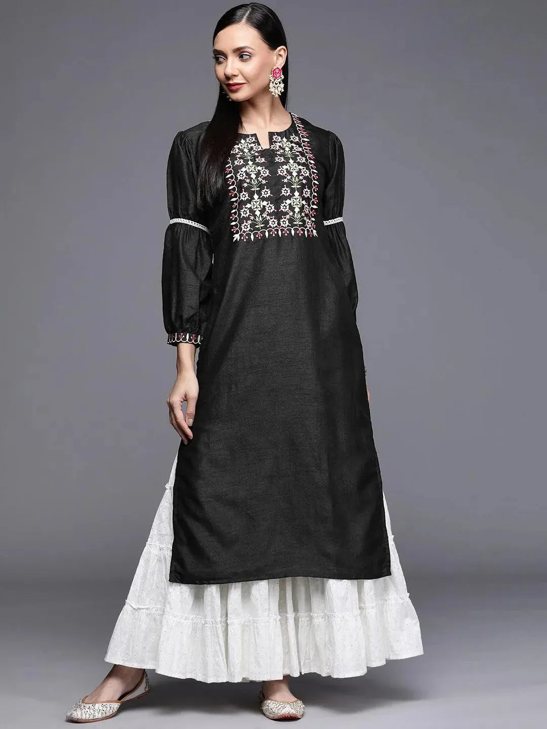 Black Embroidered Chanderi Silk Kurta - Libas