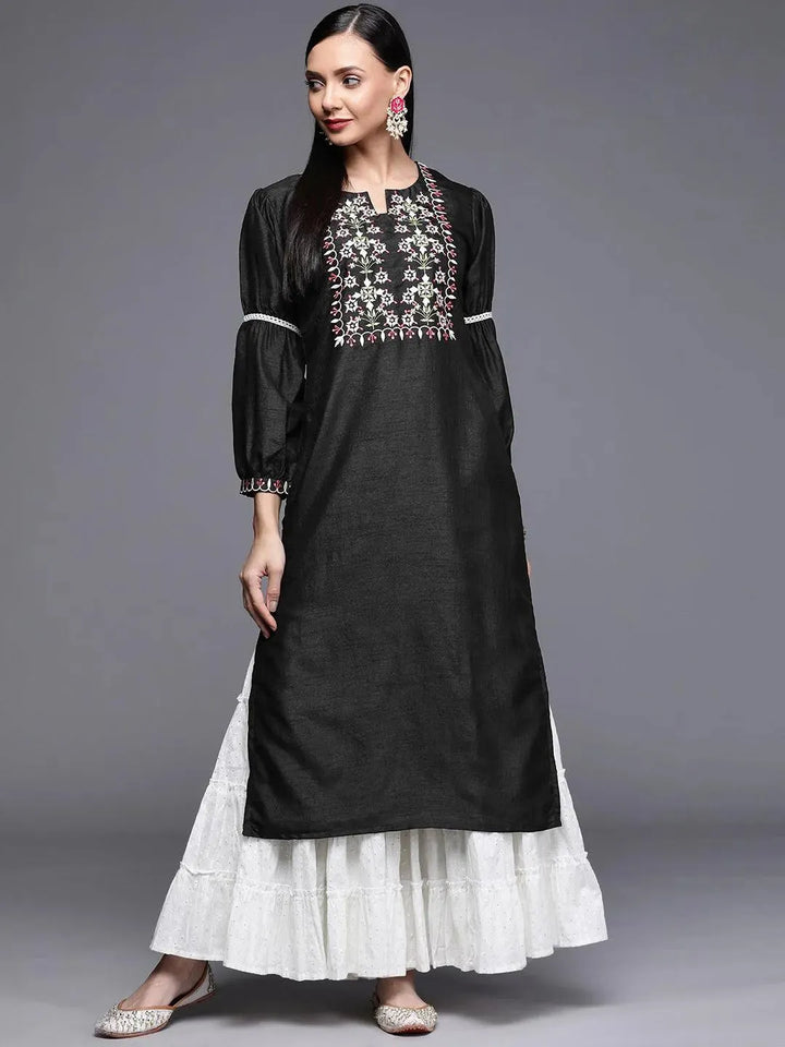Black Embroidered Chanderi Silk Kurta - Libas