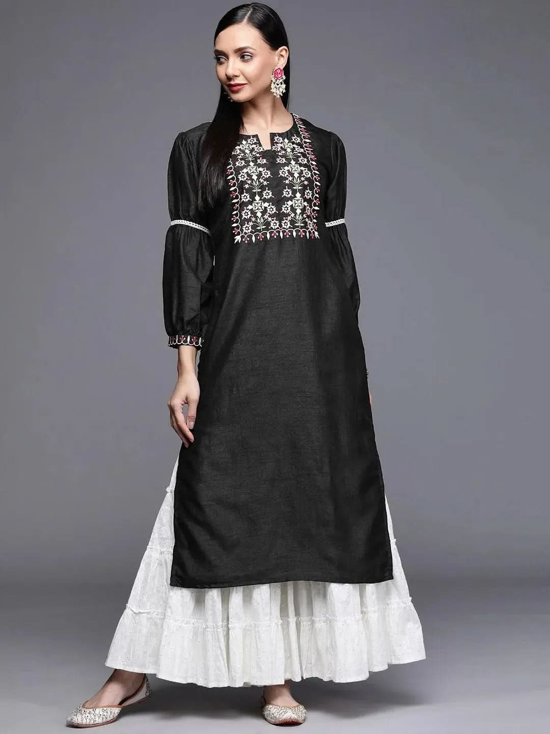 

Buy Black Embroidered Chanderi Silk Kurta - 22071O- | Libas Ethnic Wear Online