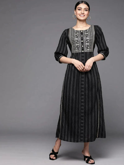 Black Embroidered Cotton Dress - Libas