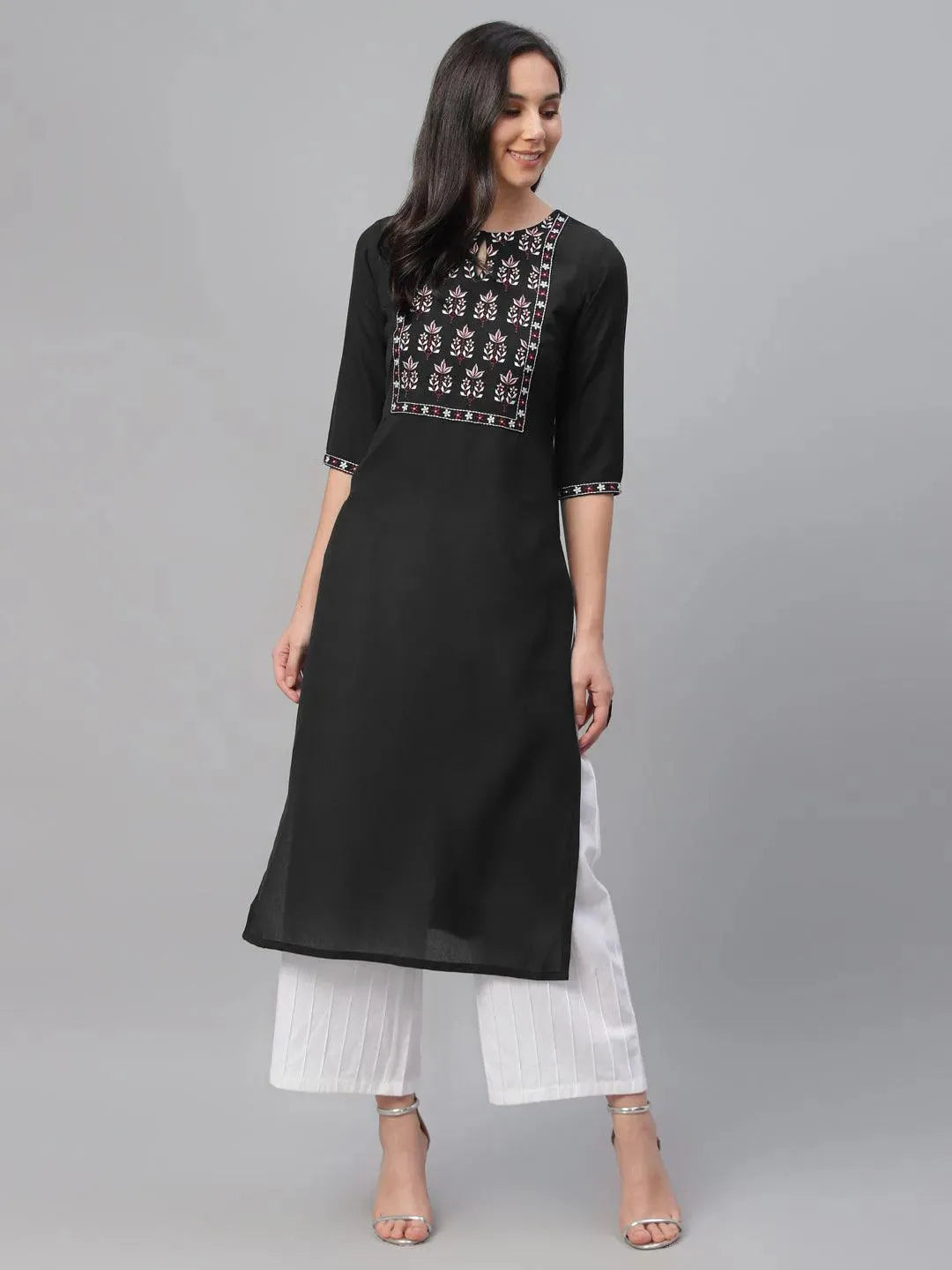 Black Embroidered Cotton Kurta - Libas 