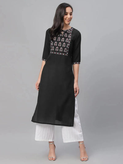 Black Embroidered Cotton Kurta - Libas