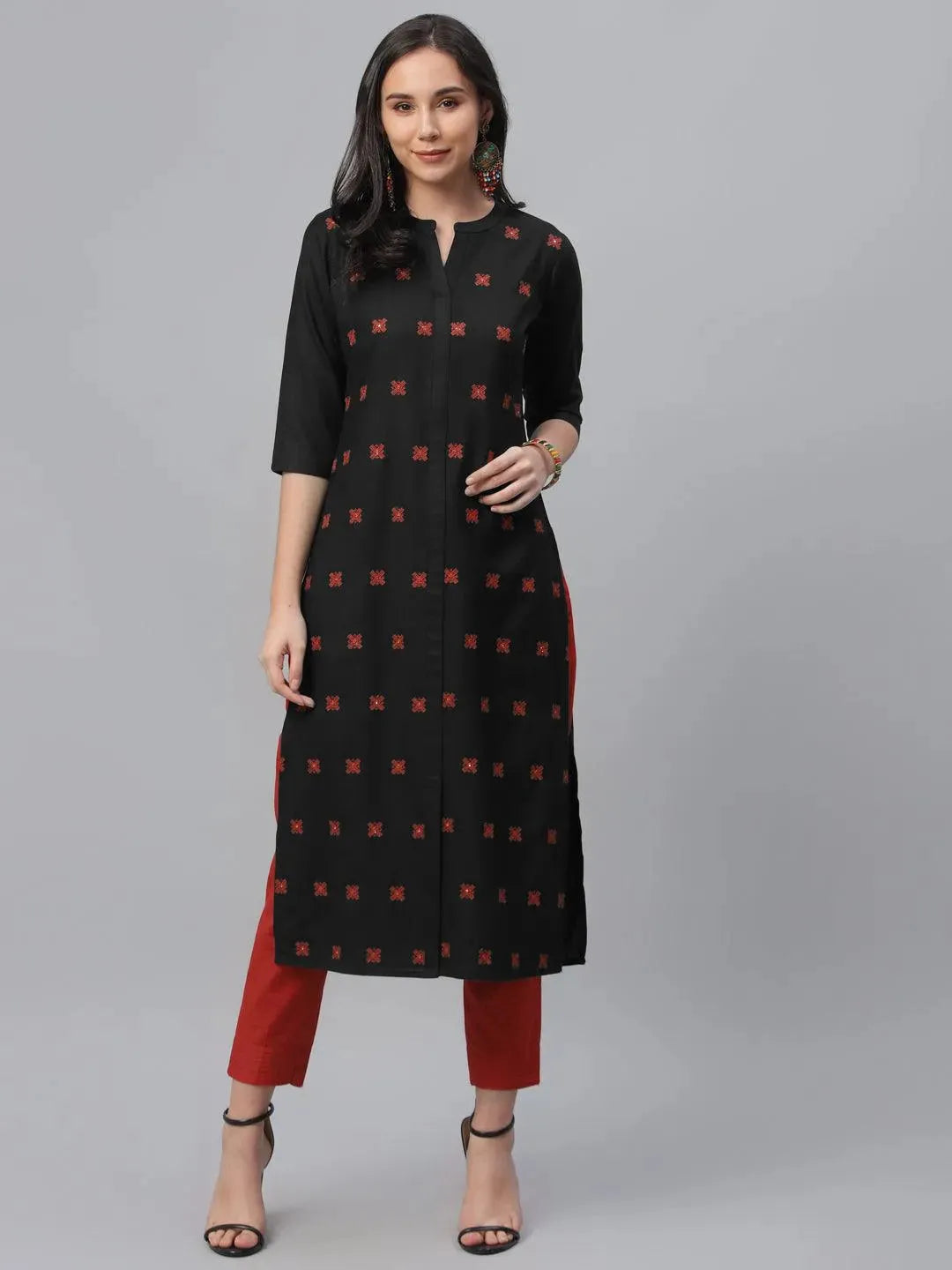 Black Embroidered Cotton Kurta - Libas