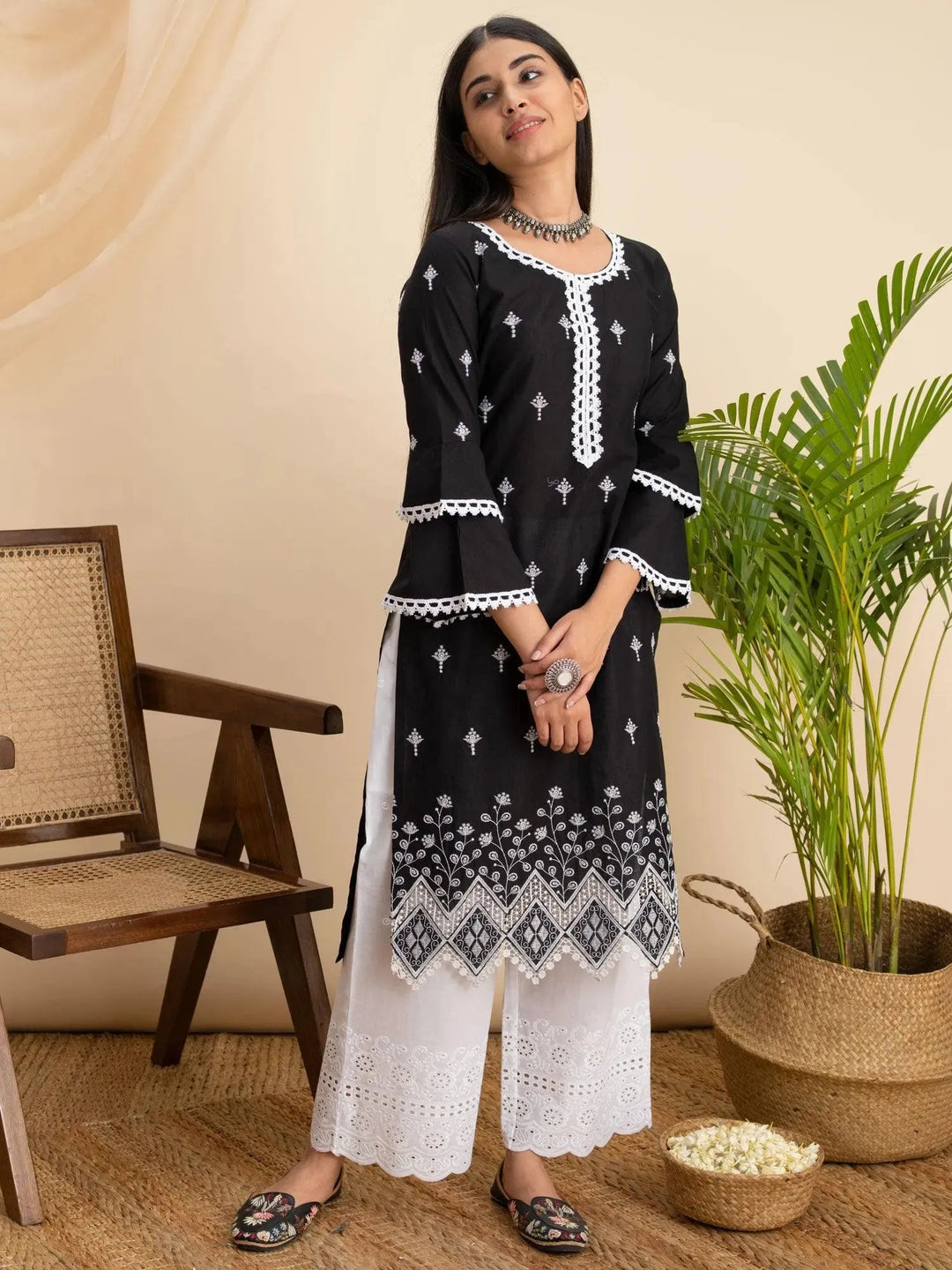 Black Embroidered Cotton Kurta - Libas