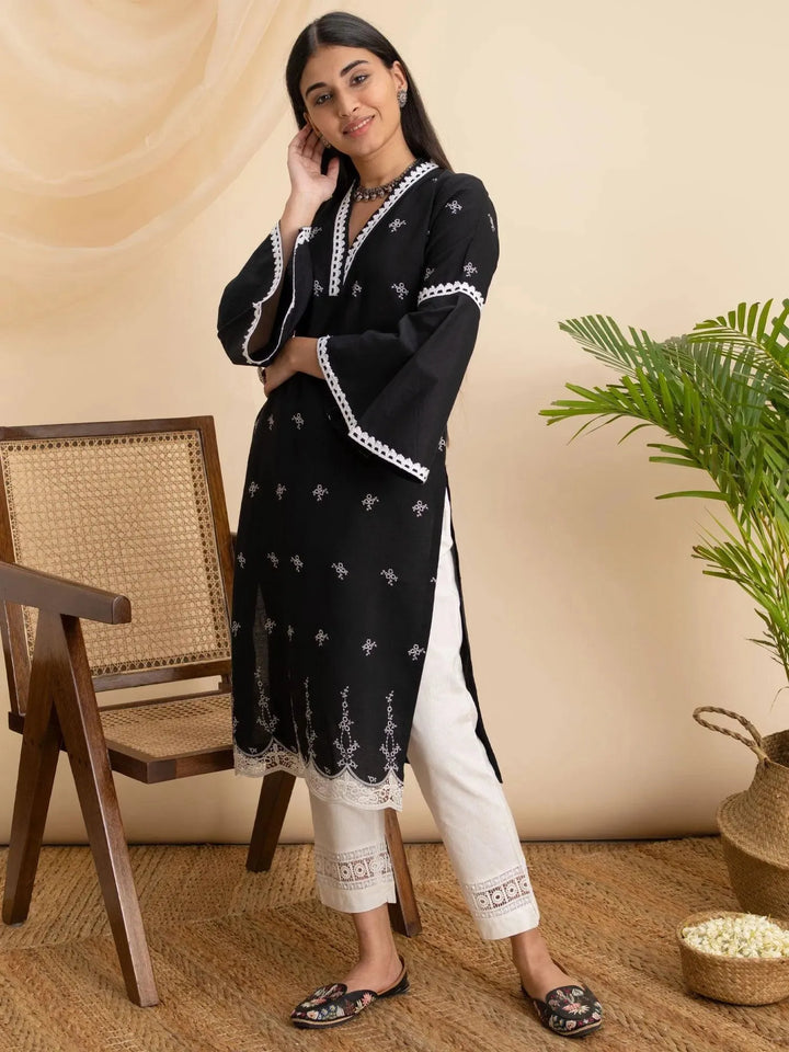 Black Embroidered Cotton Kurta - Libas