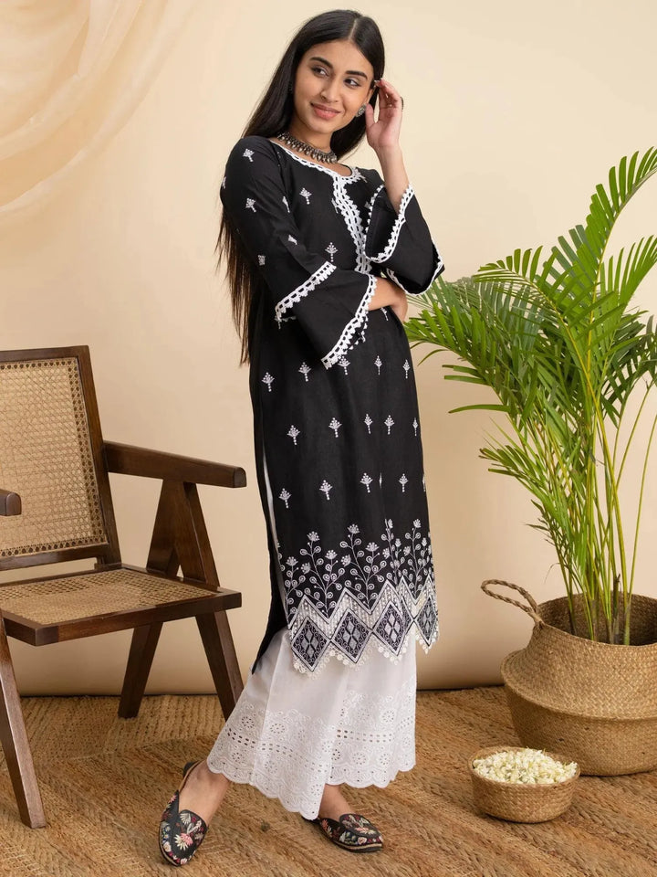 Black Embroidered Cotton Kurta - Libas