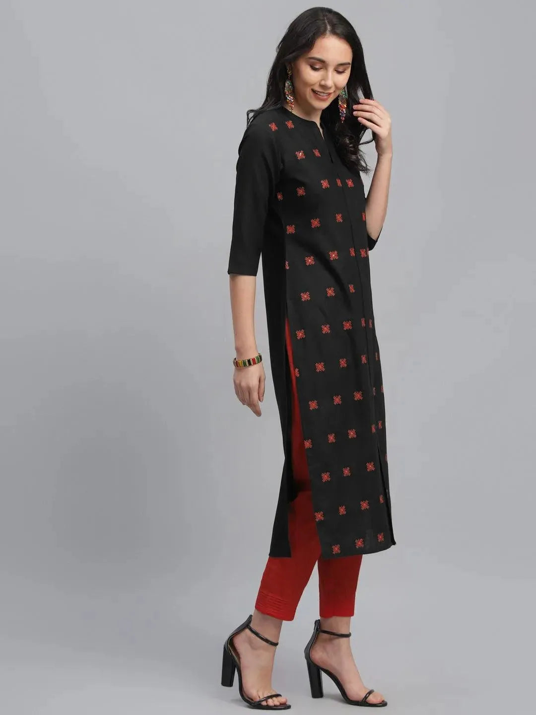 Black Embroidered Cotton Kurta - Libas