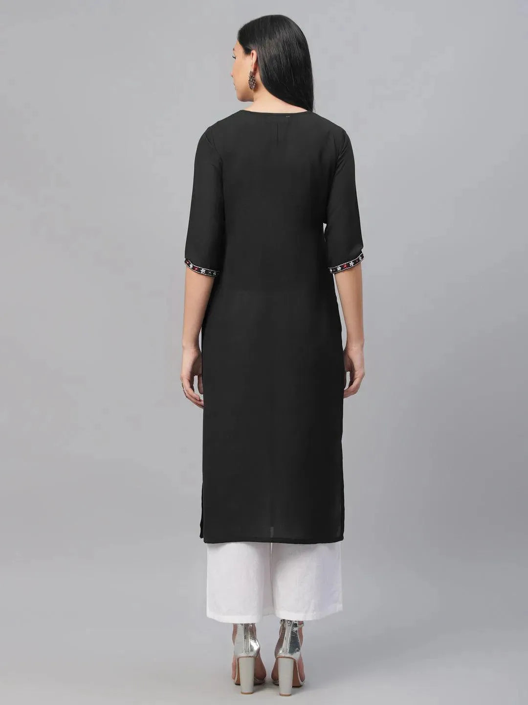 Black Embroidered Cotton Kurta - Libas 