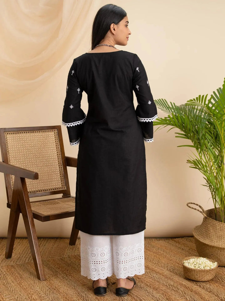 Black Embroidered Cotton Kurta - Libas