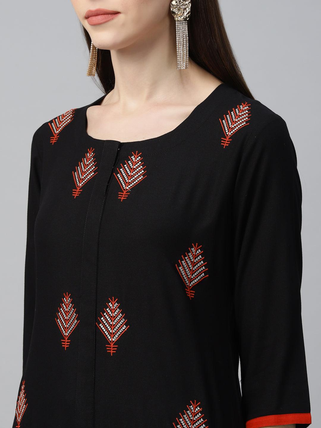 Black Embroidered Cotton Kurta - Libas