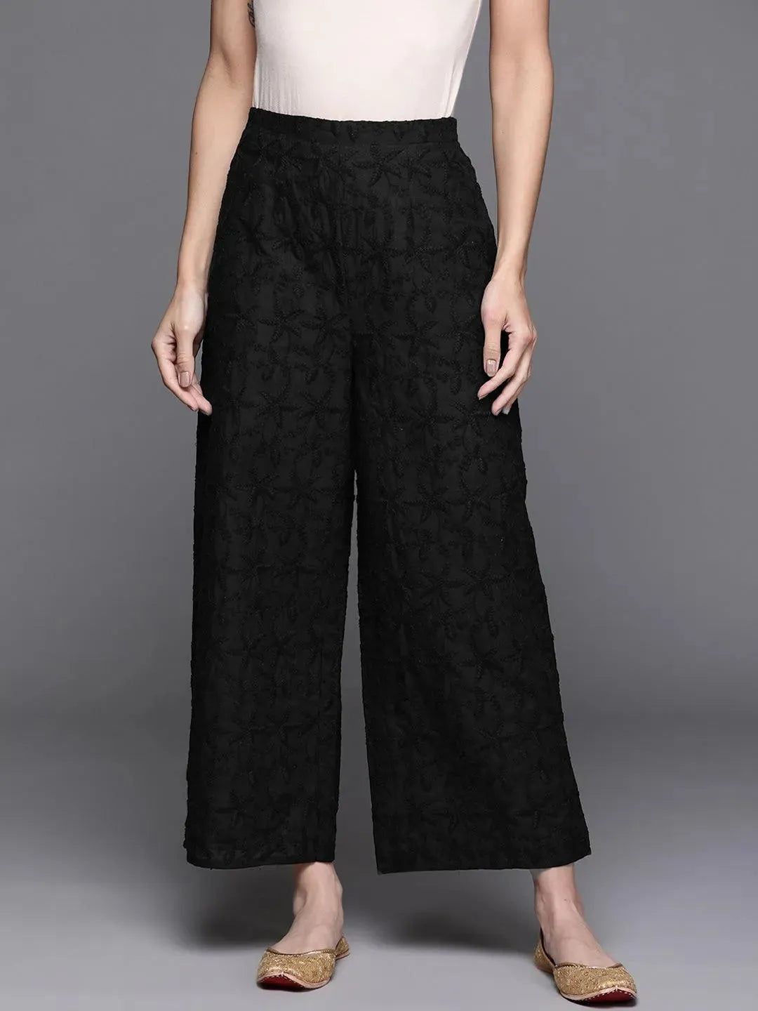 Black Embroidered Cotton Palazzos - Libas