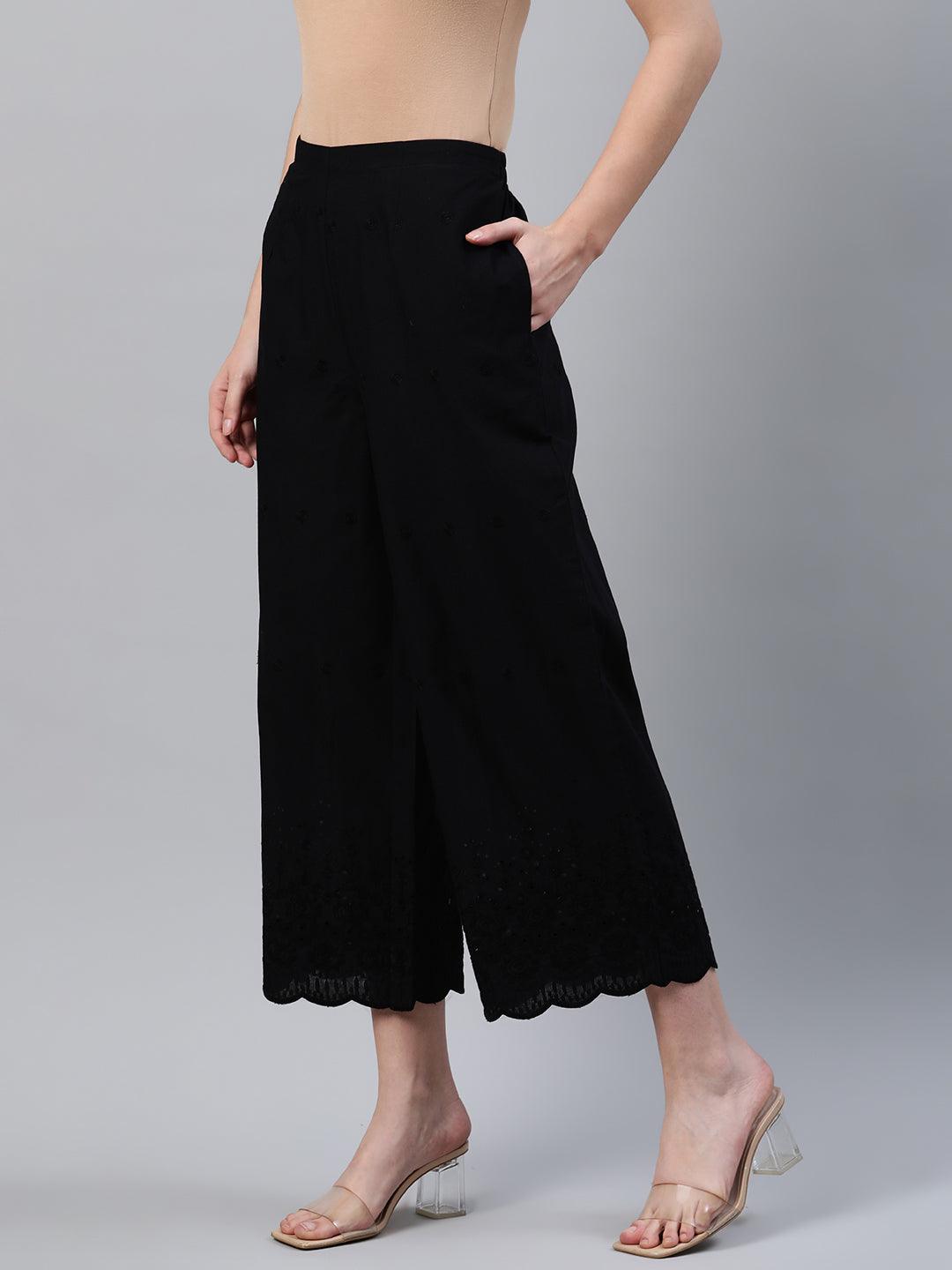 Black Embroidered Cotton Palazzos